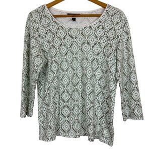 Karen Scott Casual Women's Top Sz Medium Geometric Leaf Pattern 3/4 Sleeve Green